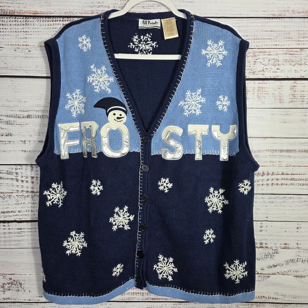 VTG All Points Frosty Snowman Snowflake Knit Christmas Sweater Vest 18/20W